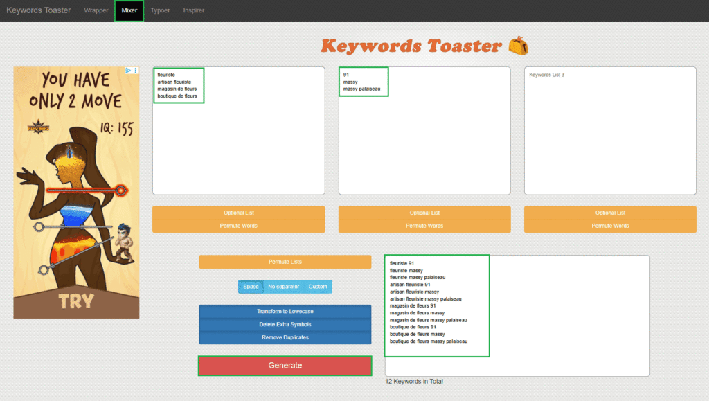 Outil Keywords Toaster